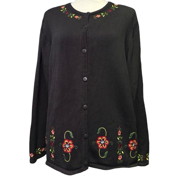 Bechamel Sweaters - Floral Embroidered Cardigan Black Cottagecore Button Front Womens XL